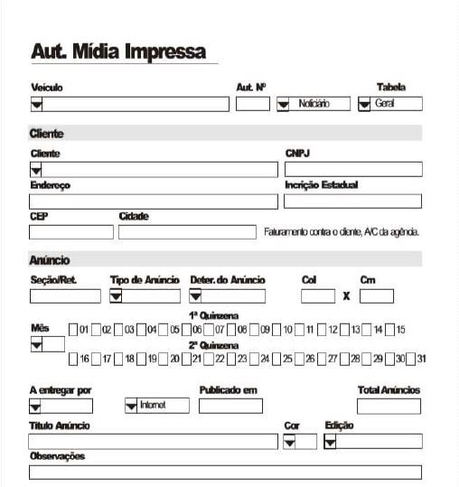 Rascunho do sistema SiGA, antes da primeira versão. Imagem de um formulário de Autorização de Mídia Impressa